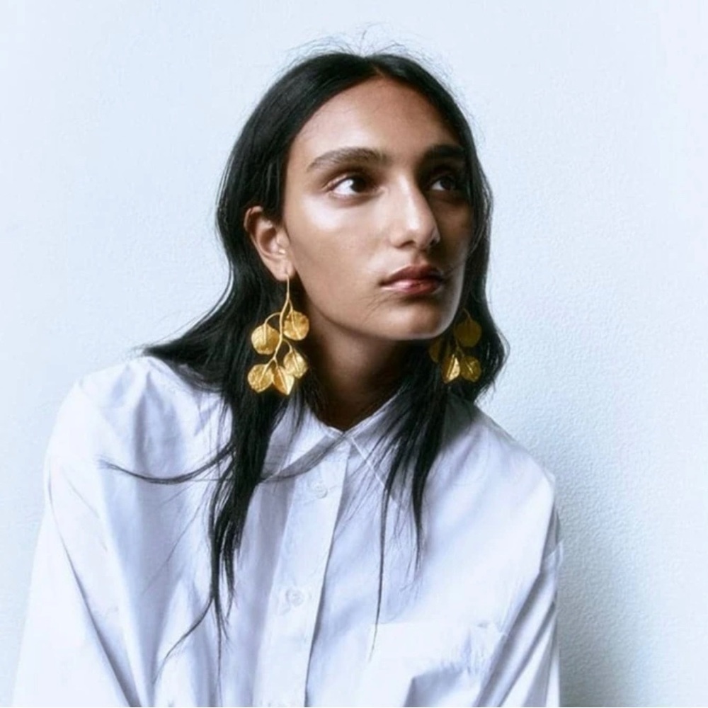Leaf Branch Gold Drop Earrings